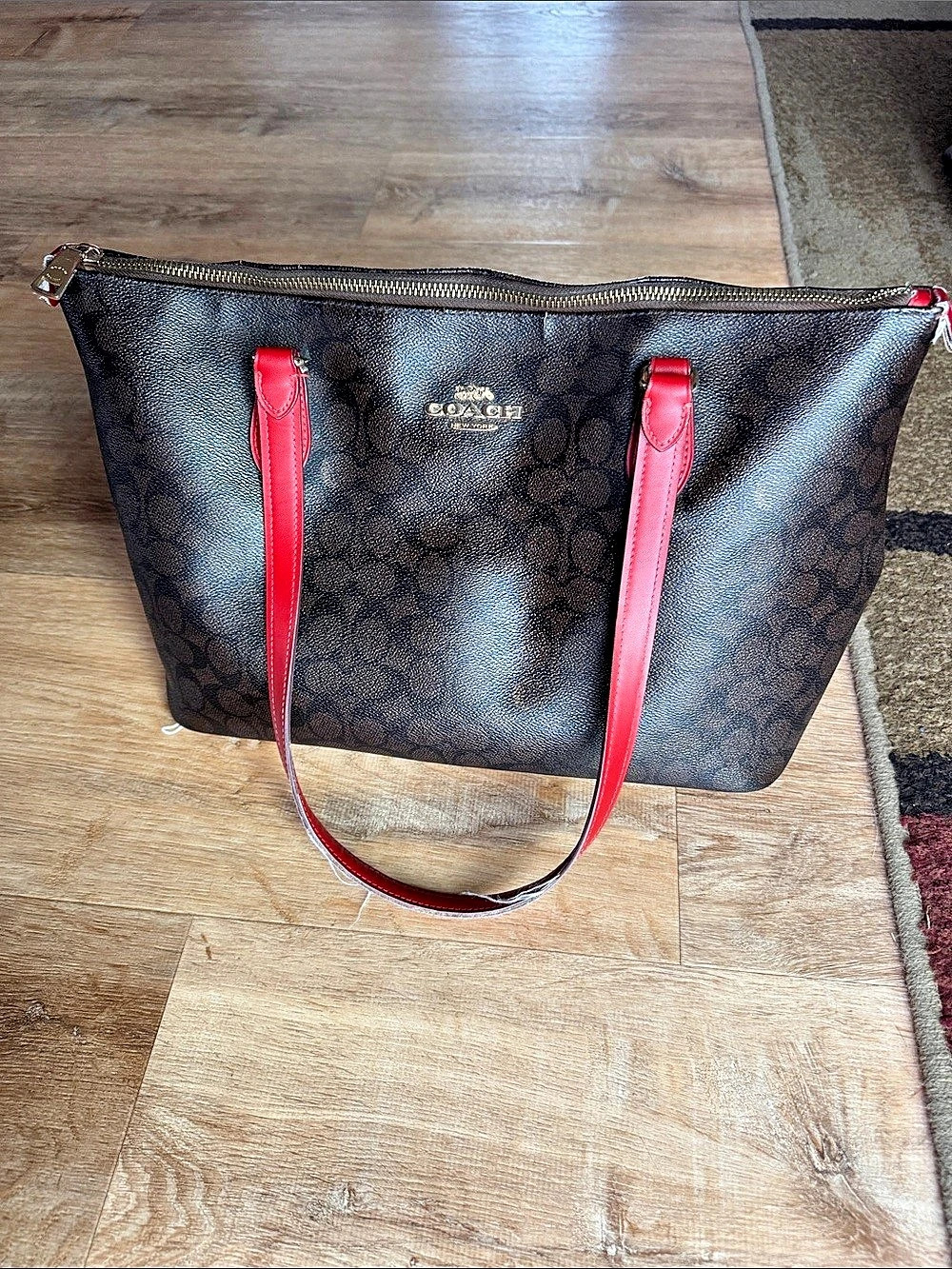 Coach City Zip Tote in Signature Canvas Brown & Red